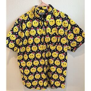 Massive Short Sleeve Button Down XL Black & Yellow. Emoji W/ Santa Hats